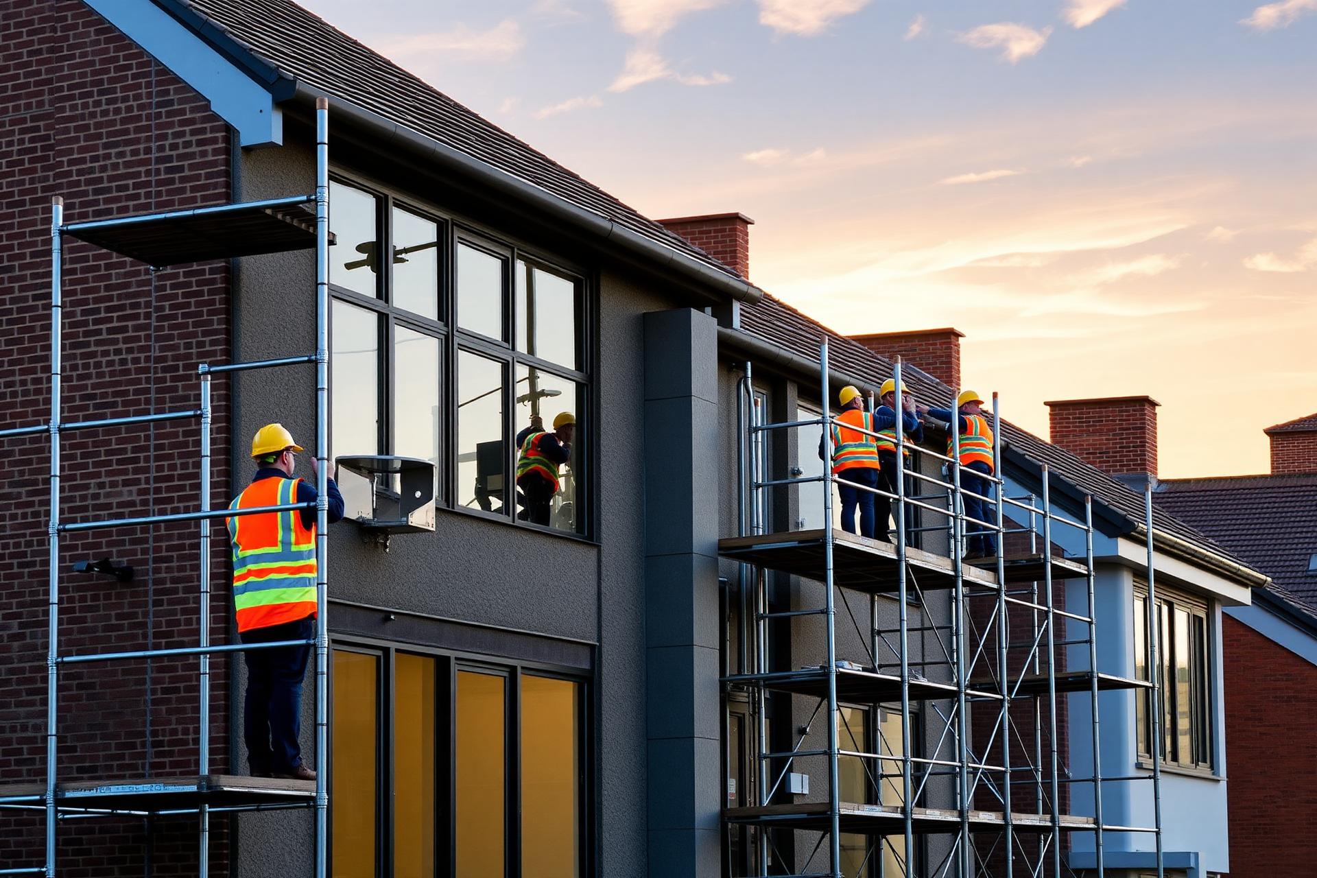 MBHJ Rigging scaffolders erecting scaffolding on a new residential building at sunset